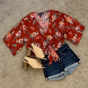Red Floral Long Sleeve Crop